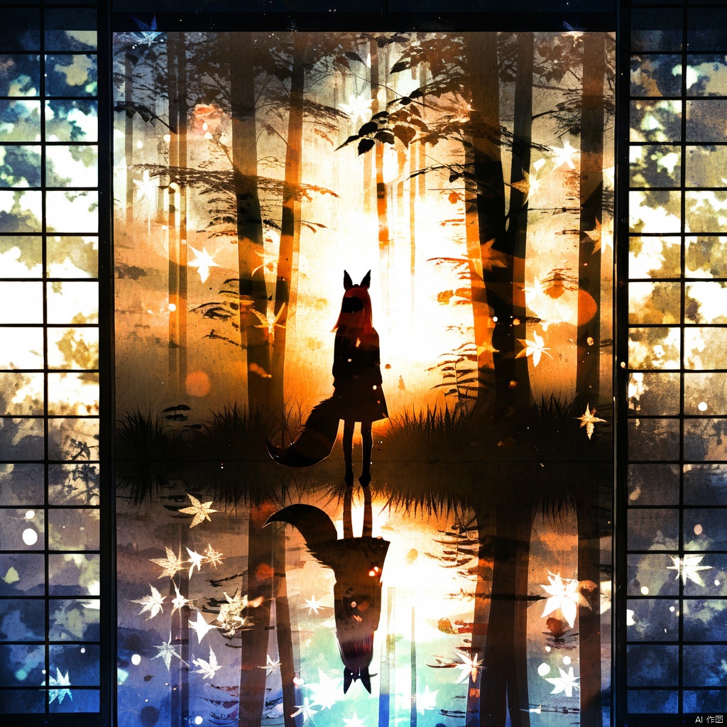 s-style, silhouette painting, ethereal ambiance, orange theme, 1girl, solo, animal ears, standing, tail, japanese clothes, water, tree, fox ears, fox tail, leaf, sunlight, scenery, reflection, silhouette, sliding doors, sitting, shadow, a black and orange silhouette of a girl, grass, a serene and dreamlike scene set against a backdrop of a forest, a black and orange silhouette of a girl stands in the center with a fox tail and fox ears who is  dressed in a long dress, the forest is illuminated by a soft and golden light, various elements like leaves and branches and possibly fireflies scattered throughout. the image is framed by a window or sliding door on the left which has a grid pattern, the entire scene is overlaid with a myriad of abstract shapes, stars, and patterns, serene, dreamlike, forest, dress, grid pattern, magical, ethereal