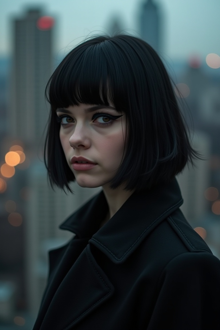 goth girl,  A young woman with a striking black bob and dark eyeliner,  posing in front of a blurred cityscape background...