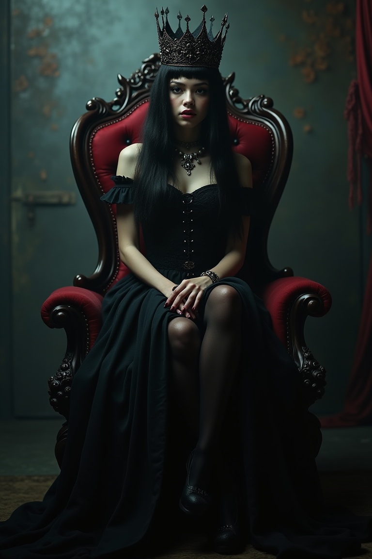 goth girl,  A young woman with a striking black crown and a regal demeanor,  sitting on a throne-like chair with a hint of...