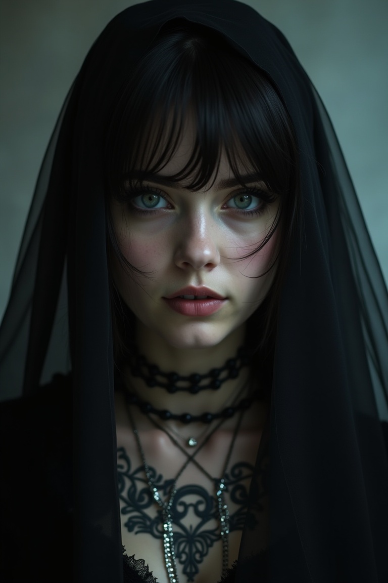 goth girl ,  a young woman with a mysterious black veil and a silver choker,  looking directly at the camera with an air o...