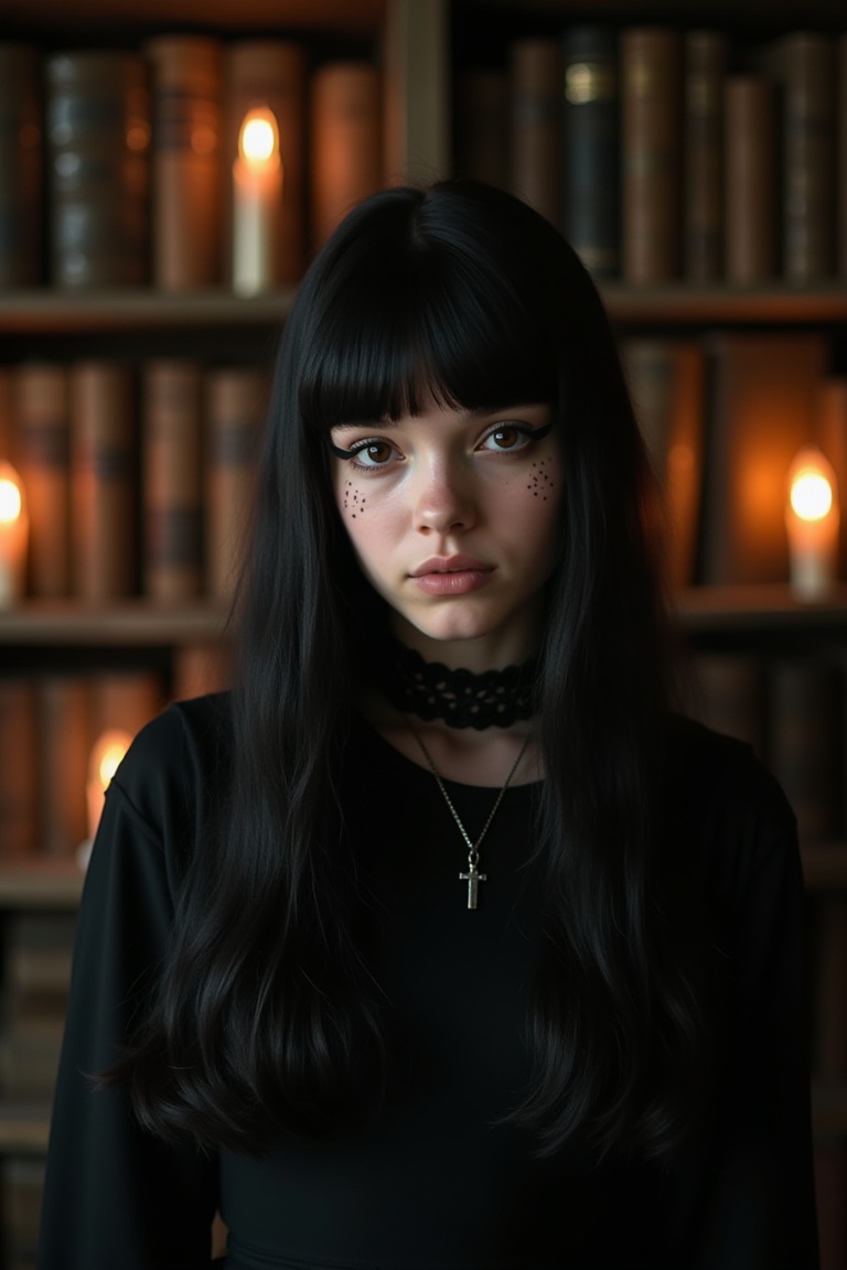 goth girl,  A teenage goth girl with long black hair and dark eyeliner,  posing against a dimly lit backdrop of old books...
