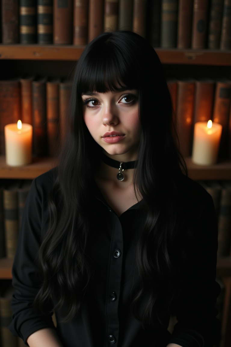 goth girl,  A teenage goth girl with long black hair and dark eyeliner,  posing against a dimly lit backdrop of old books...