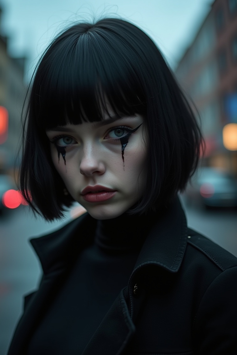 goth girl,  A young woman with a striking black bob and dark eyeliner,  posing in front of a blurred cityscape background...