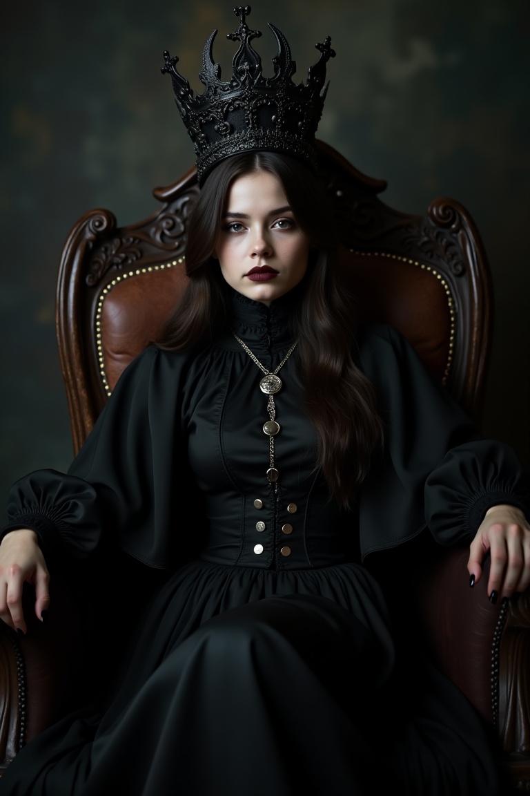 goth girl,  A young woman with a striking black crown and a regal demeanor,  sitting on a throne-like chair with a hint of...