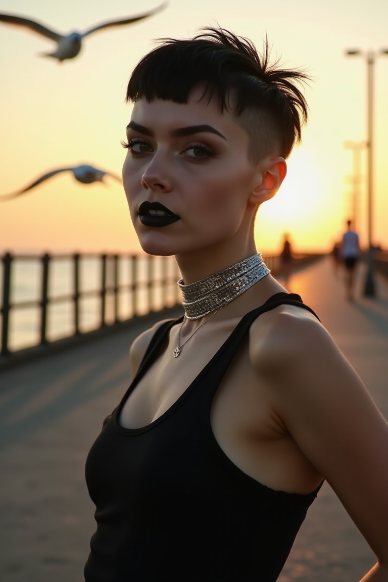 A young woman with a striking black pixie cut and silver chokers,  posing on a run-down pier at sunset,  surrounded by sea...