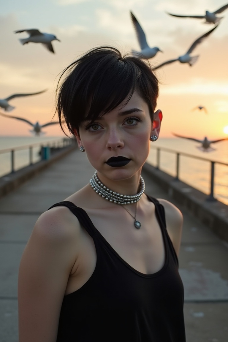 A young woman with a striking black pixie cut and silver chokers,  posing on a run-down pier at sunset,  surrounded by sea...