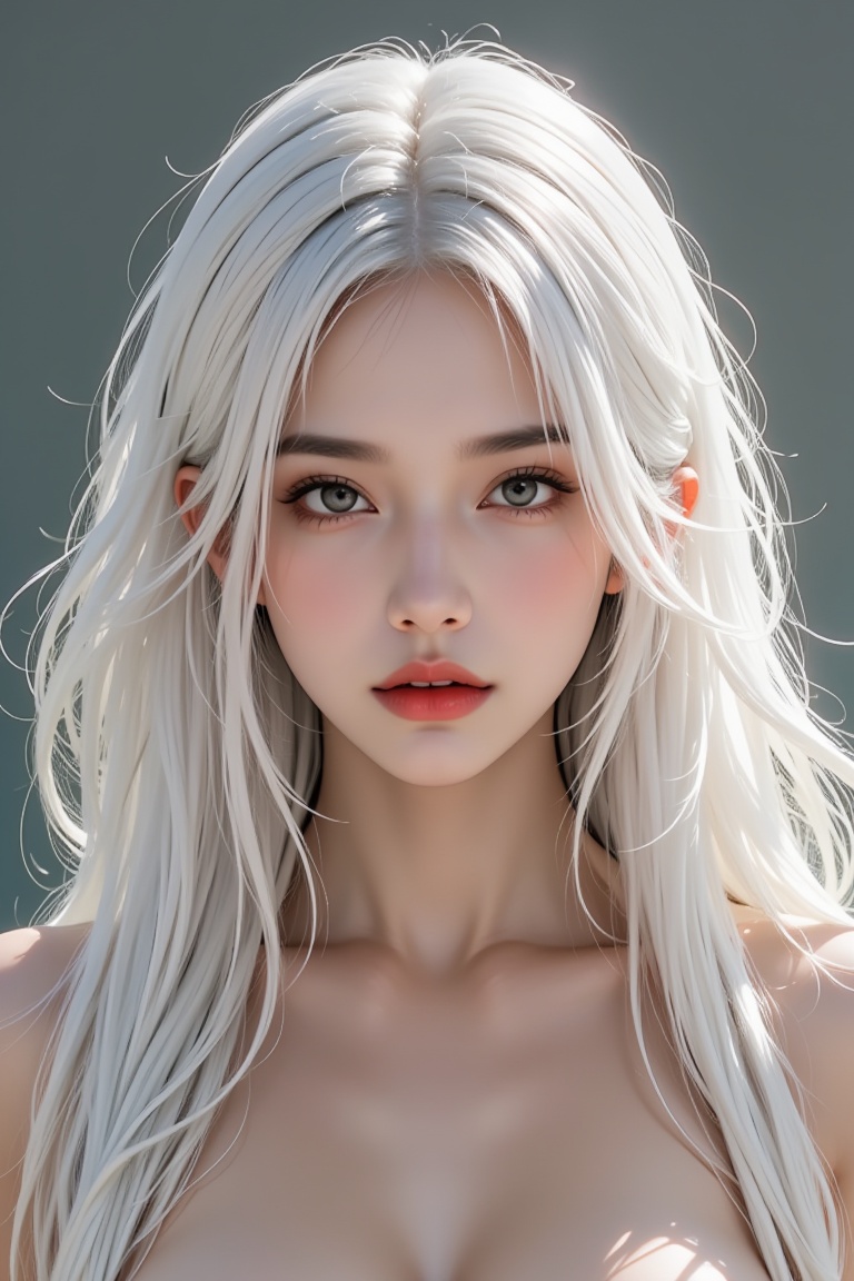 A stunning solo shot of a young woman with striking white long hair,  nude,  ntgirl on Tensor.Art