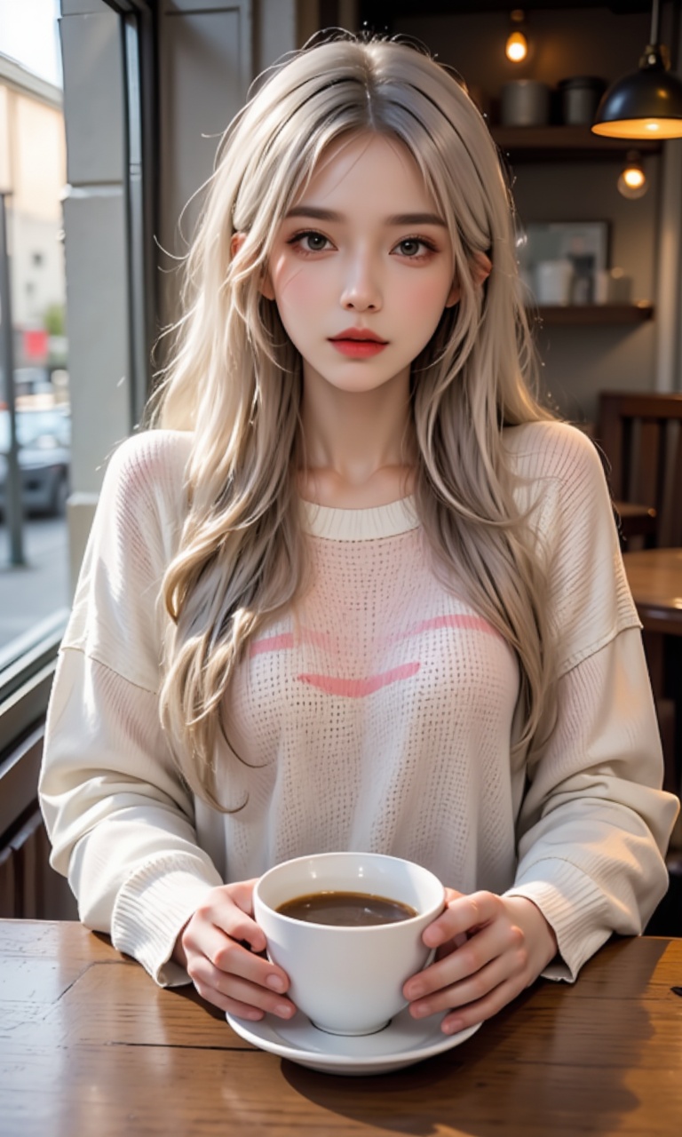 A photorealistic image of a woman in her late 20s with long blonde hair,  sitting at a cozy coffee shop table. She is wear...