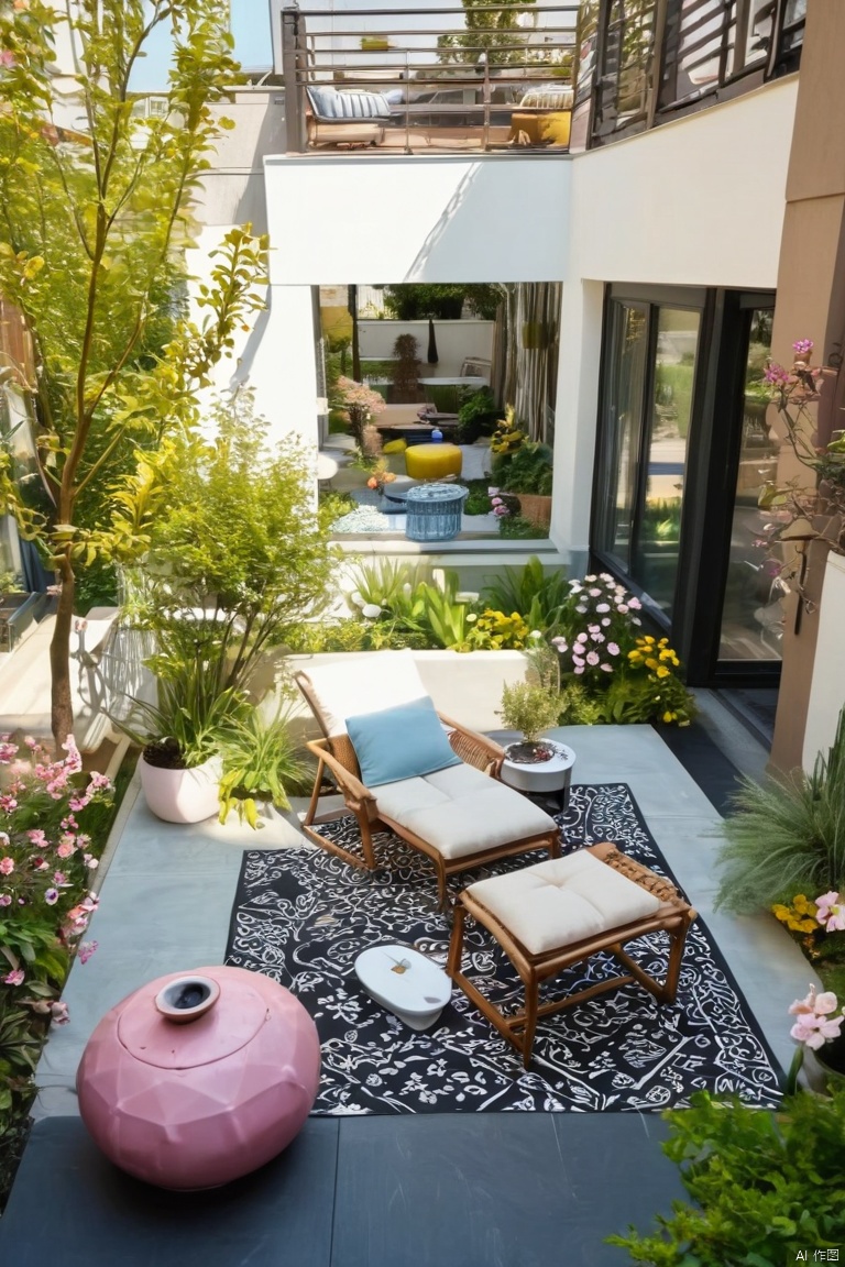 Captured from a high-angle perspective on a sunny day, a black outdoor lounge chair is placed on a black and white patterned rug. The rug is placed in front of the lounge chair, adding a touch of color to the scene. The patio is adorned with a variety of plants, including a yellow bush with green leaves, and a white vase with pink flowers. A black lamp is positioned on the left side of the patio. A white trash can is positioned to the right of the chair. A tall brown building is seen in the background, with many windows and balconies. The sky is a light blue, with a few wispy clouds.,Modern Garden