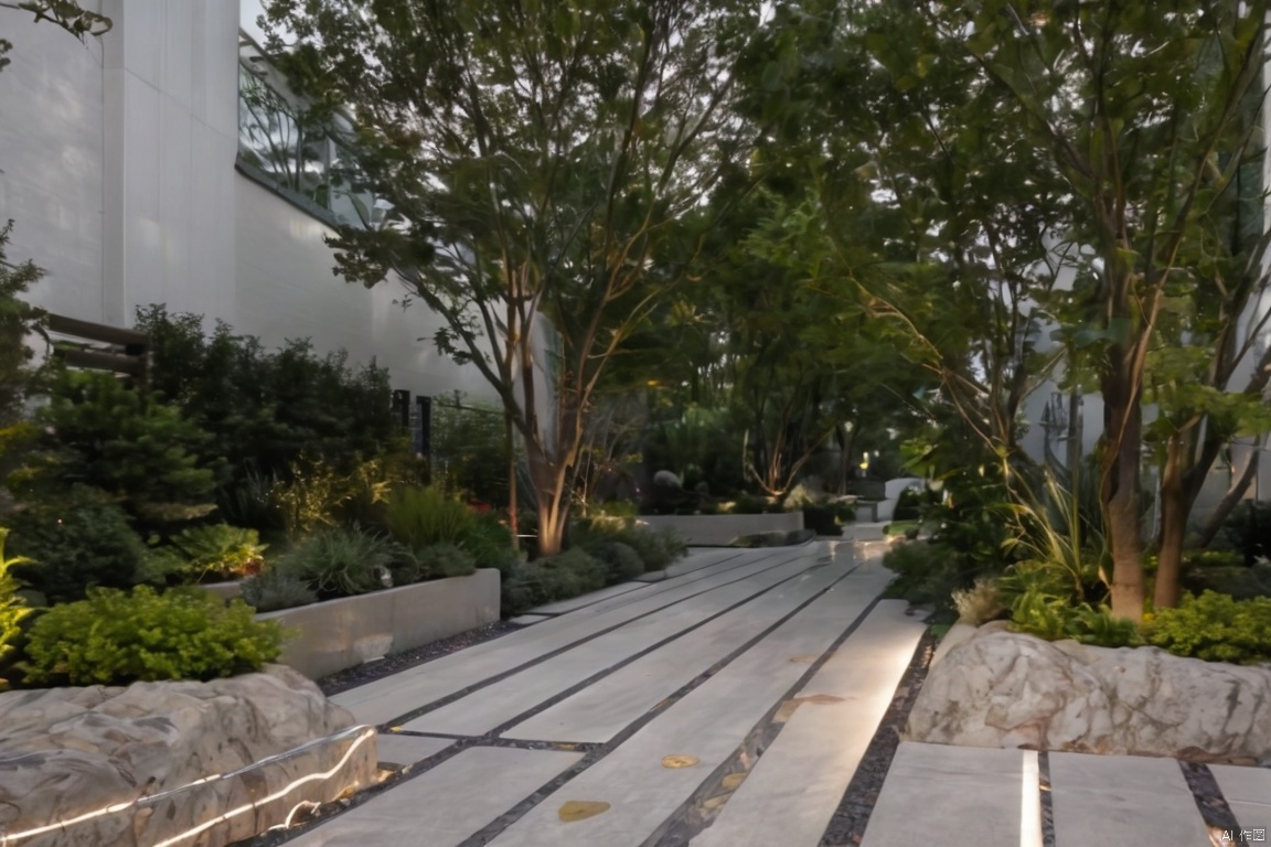 Captured from a low-angle perspective on a cloudy day, a pathway is flanked by a row of trees and shrubs. The pathway is lined with white painted lines, creating a stark contrast with the dark gray pavement. The trees are adorned with lush green leaves, adding a touch of color to the scene. To the left of the pathway, a white wall is adorned with a green gate, adding depth to the composition. The gate casts a shadow on the left side of the image.,Modern Garden