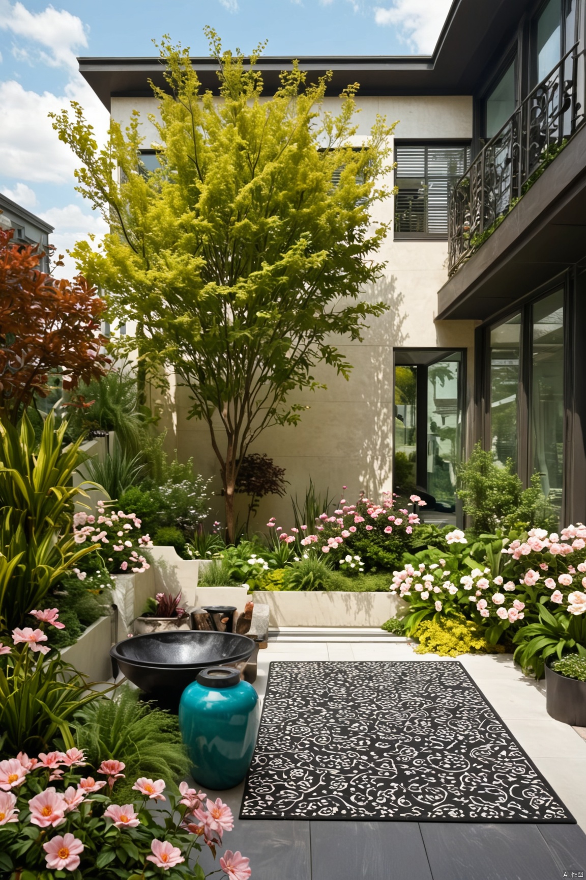 A serene modern garden scene unfolds as a black outdoor lounge chair sits majestically on a black and white patterned rug, surrounded by lush greenery and vibrant blooms. The yellow bush with emerald leaves and the white vase adorned with pink flowers add pops of color to the composition. A sleek black lamp stands tall on the left, while a white trash can is positioned discreetly to the right. In the background, a striking brown building rises, its many windows and balconies adding depth to the scene. The bright blue sky, dotted with wispy clouds, serves as a stunning backdrop for this modern oasis.,Modern Garden