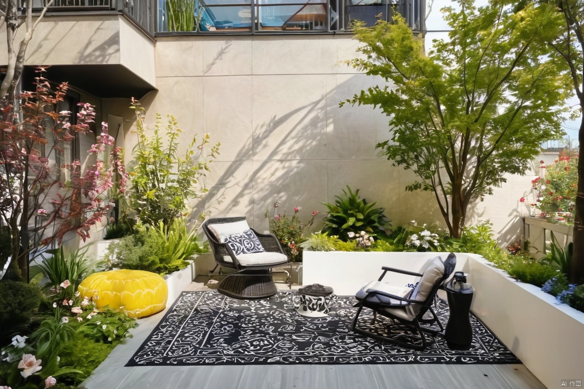 Captured from a high-angle perspective on a sunny day, a black outdoor lounge chair is placed on a black and white patterned rug. The rug is placed in front of the lounge chair, adding a touch of color to the scene. The patio is adorned with a variety of plants, including a yellow bush with green leaves, and a white vase with pink flowers. A black lamp is positioned on the left side of the patio. A white trash can is positioned to the right of the chair. A tall brown building is seen in the background, with many windows and balconies. The sky is a light blue, with a few wispy clouds.,Modern Garden
