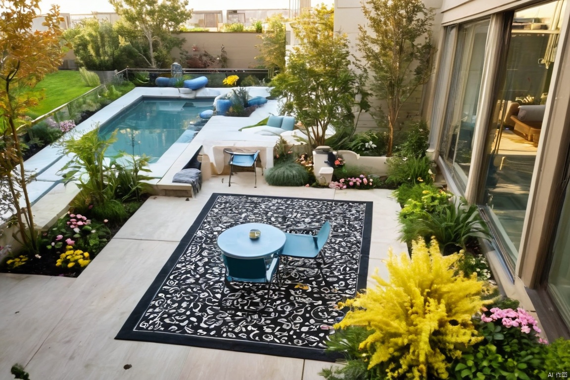 Captured from a high-angle perspective on a sunny day, a black outdoor lounge chair is placed on a black and white patterned rug. The rug is placed in front of the lounge chair, adding a touch of color to the scene. The patio is adorned with a variety of plants, including a yellow bush with green leaves, and a white vase with pink flowers. A black lamp is positioned on the left side of the patio. A white trash can is positioned to the right of the chair. A tall brown building is seen in the background, with many windows and balconies. The sky is a light blue, with a few wispy clouds.,Modern Garden