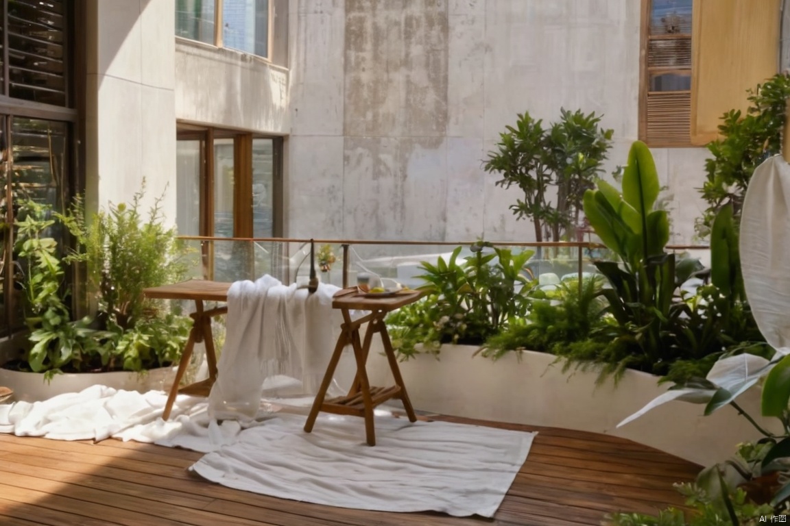 Captured from a high-angle perspective on a balcony, a small wooden table with a white towel draped over it is positioned in the center of the frame. The table is flanked by two wooden stools, each with a wooden frame. To the right of the table, a white wall is adorned with a planter filled with lush green plants. The balcony overlooks a body of water, with a view of the city in the distance.