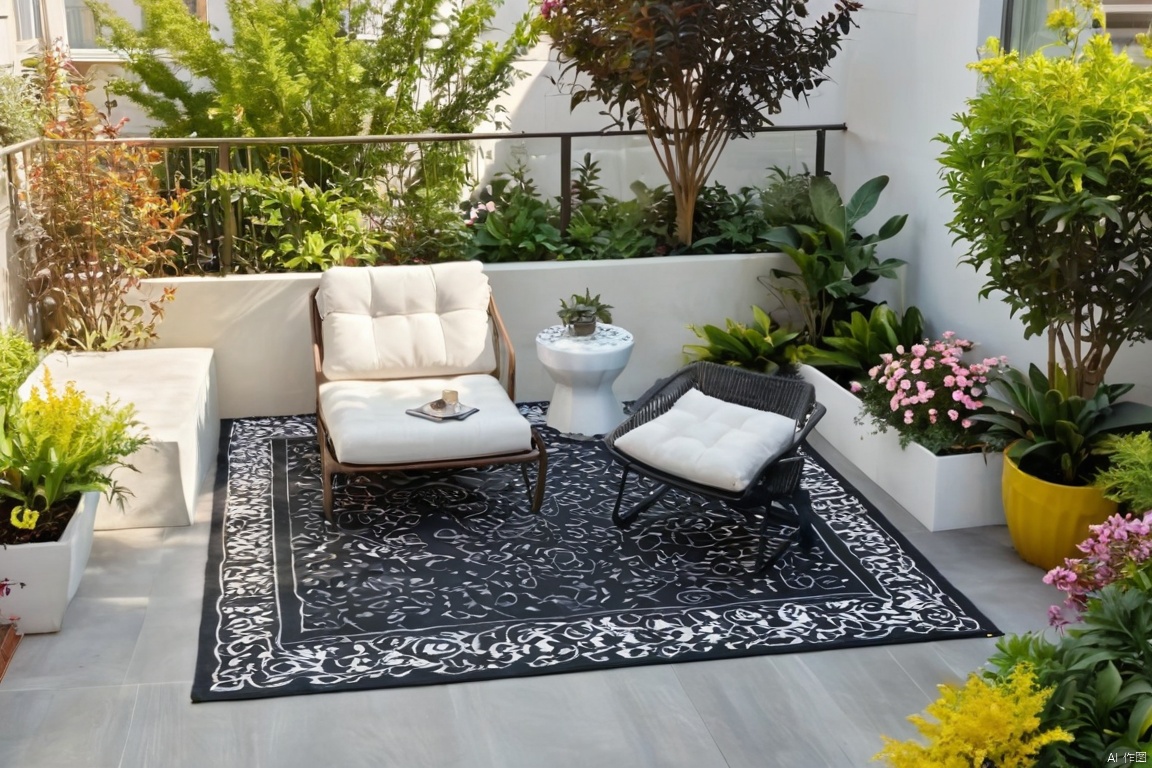 Captured from a high-angle perspective on a sunny day, a black outdoor lounge chair is placed on a black and white patterned rug. The rug is placed in front of the lounge chair, adding a touch of color to the scene. The patio is adorned with a variety of plants, including a yellow bush with green leaves, and a white vase with pink flowers. A black lamp is positioned on the left side of the patio. A white trash can is positioned to the right of the chair. A tall brown building is seen in the background, with many windows and balconies. The sky is a light blue, with a few wispy clouds.,Modern Garden