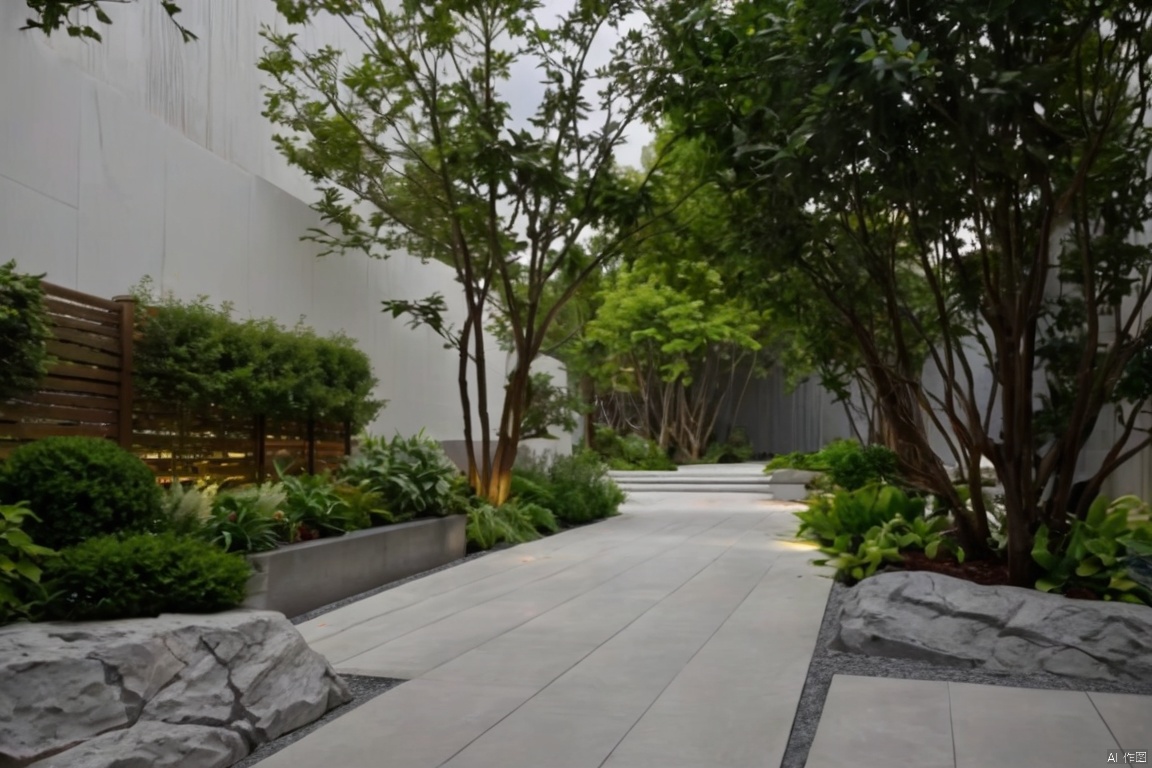 Captured from a low-angle perspective on a cloudy day, a pathway is flanked by a row of trees and shrubs. The pathway is lined with white painted lines, creating a stark contrast with the dark gray pavement. The trees are adorned with lush green leaves, adding a touch of color to the scene. To the left of the pathway, a white wall is adorned with a green gate, adding depth to the composition. The gate casts a shadow on the left side of the image.,Modern Garden