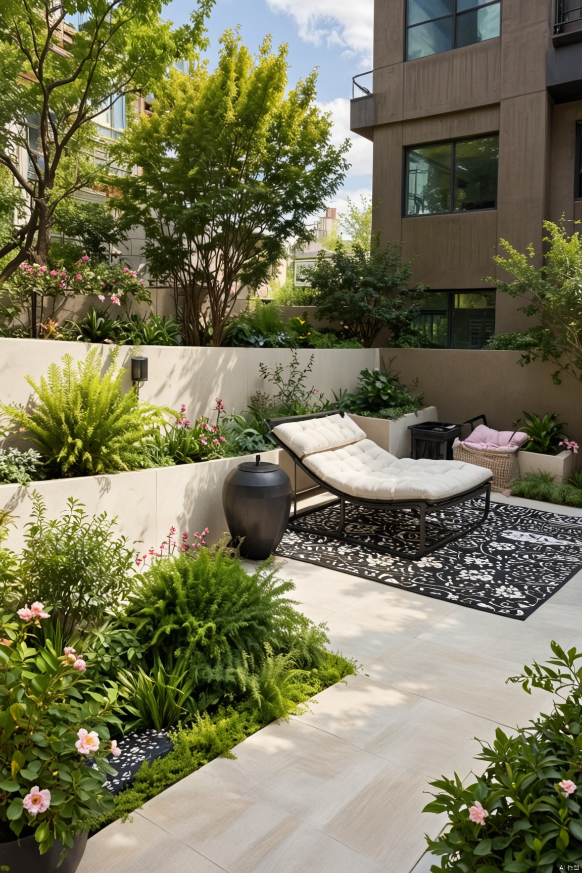 A serene modern garden scene unfolds as a black outdoor lounge chair sits majestically on a black and white patterned rug, surrounded by lush greenery and vibrant blooms. The yellow bush with emerald leaves and the white vase adorned with pink flowers add pops of color to the composition. A sleek black lamp stands tall on the left, while a white trash can is positioned discreetly to the right. In the background, a striking brown building rises, its many windows and balconies adding depth to the scene. The bright blue sky, dotted with wispy clouds, serves as a stunning backdrop for this modern oasis.,Modern Garden
