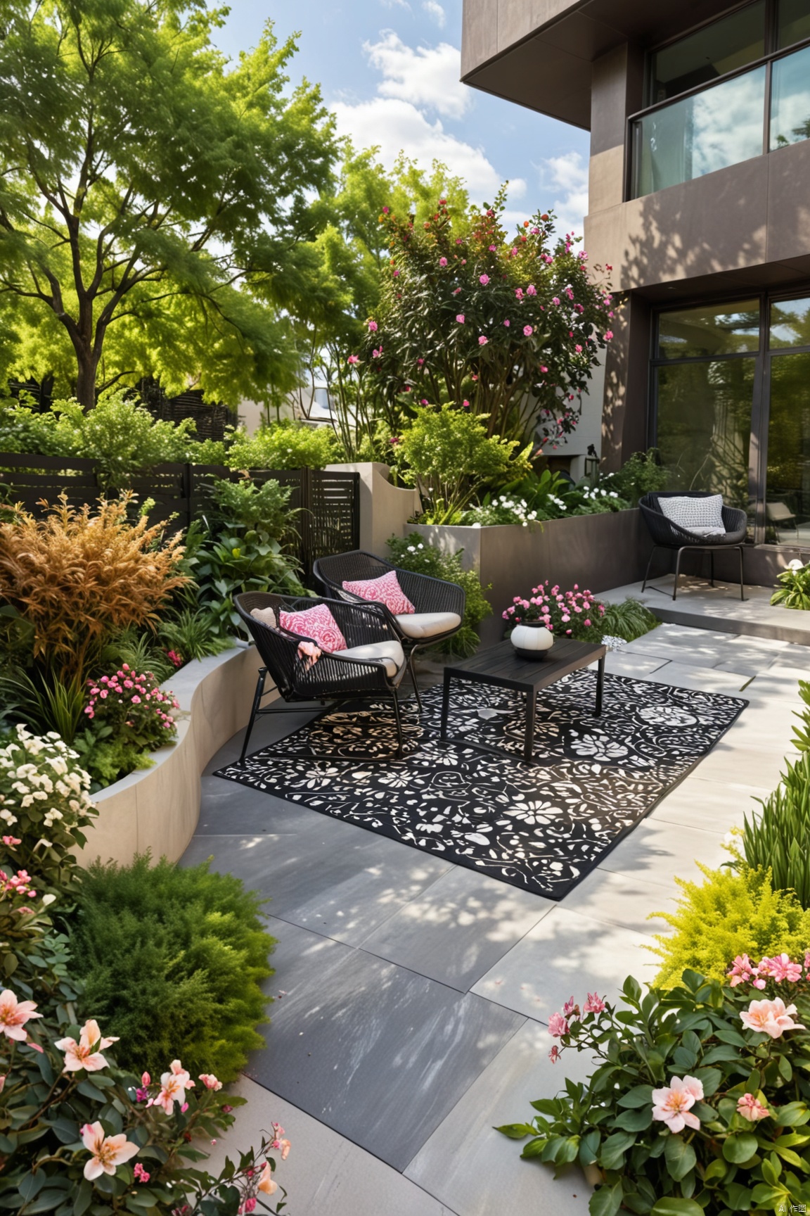 A serene modern garden scene unfolds as a black outdoor lounge chair sits majestically on a black and white patterned rug, surrounded by lush greenery and vibrant blooms. The yellow bush with emerald leaves and the white vase adorned with pink flowers add pops of color to the composition. A sleek black lamp stands tall on the left, while a white trash can is positioned discreetly to the right. In the background, a striking brown building rises, its many windows and balconies adding depth to the scene. The bright blue sky, dotted with wispy clouds, serves as a stunning backdrop for this modern oasis.,Modern Garden