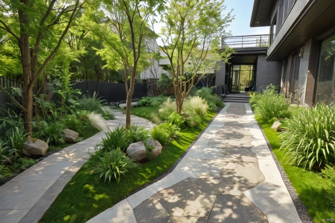 Captured from a low-angle perspective on a sunny day, a pathway winds through a garden. The pathway leads to a large brown building, adorned with a white staircase. To the left of the building, a lush green lawn is seen, dotted with tall green grasses and tall trees. A black fence encloses the walkway, adding a touch of color to the scene.,Modern Garden