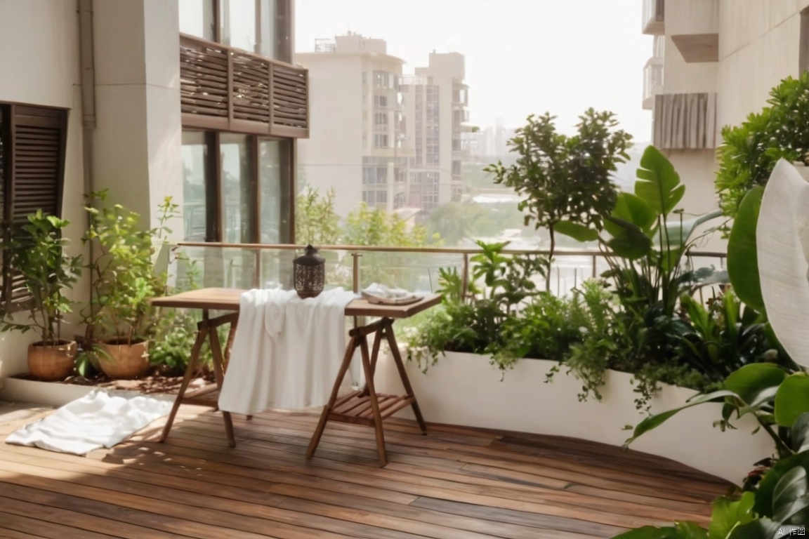 Captured from a high-angle perspective on a balcony, a small wooden table with a white towel draped over it is positioned in the center of the frame. The table is flanked by two wooden stools, each with a wooden frame. To the right of the table, a white wall is adorned with a planter filled with lush green plants. The balcony overlooks a body of water, with a view of the city in the distance.