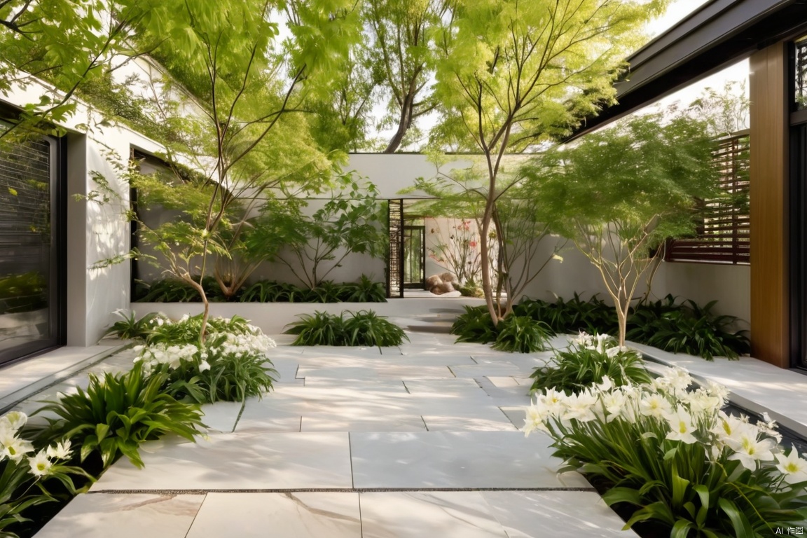 Modern courtyards, beautiful gardens, marble paving, white flower ponds, and fish ponds are scattered along the walls, and beautiful maple and tallow trees are in line with the landscape design principles.,Modern Garden
