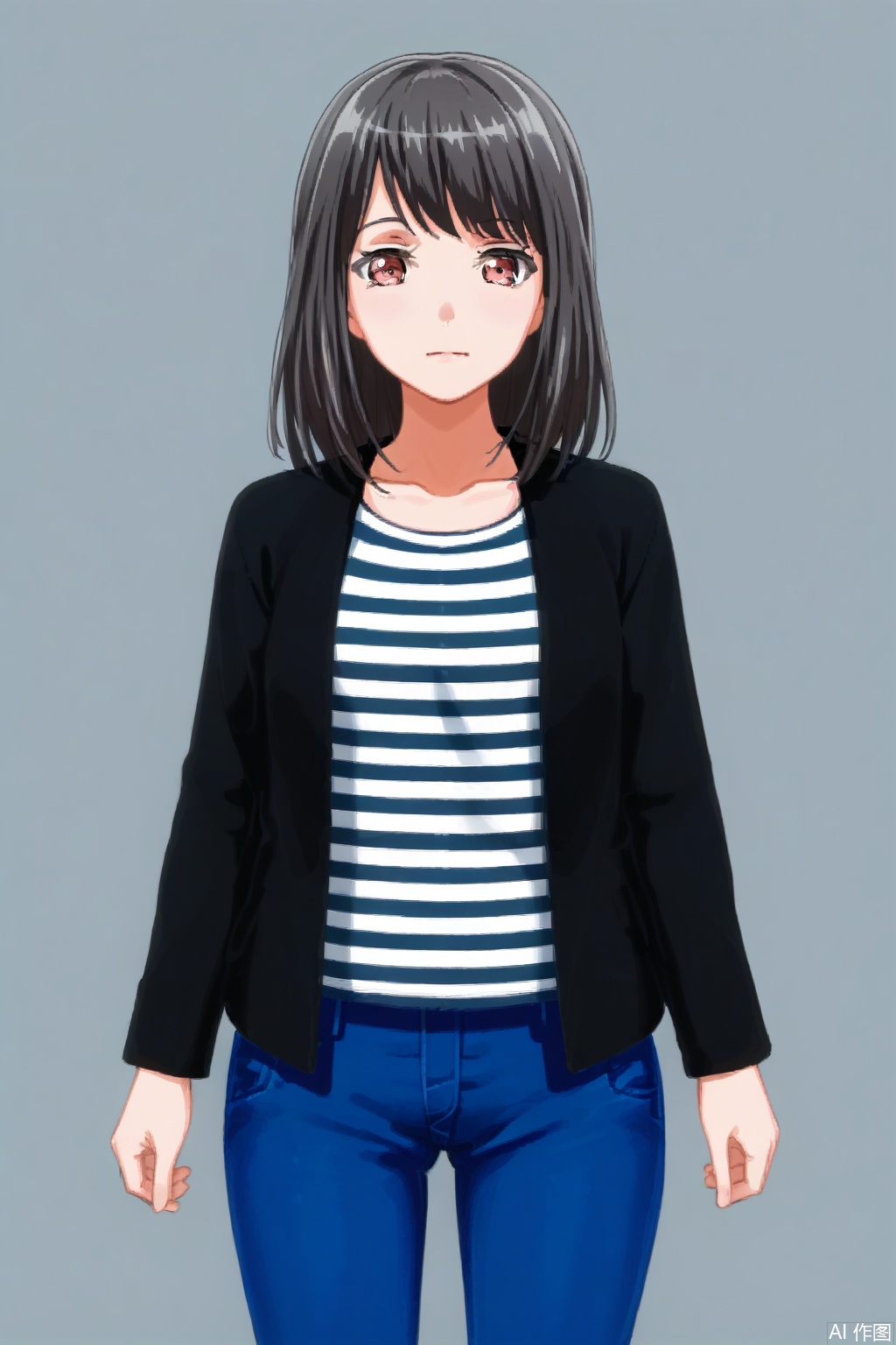 masterpiece, best quality,solo,((white background:1.2)),simple background,
looking at viewer,Tsukishima Marina,1girl, shirt, striped, black hair, jacket, brown eyes, bangs, red eyes, medium hair, striped shirt, jeans