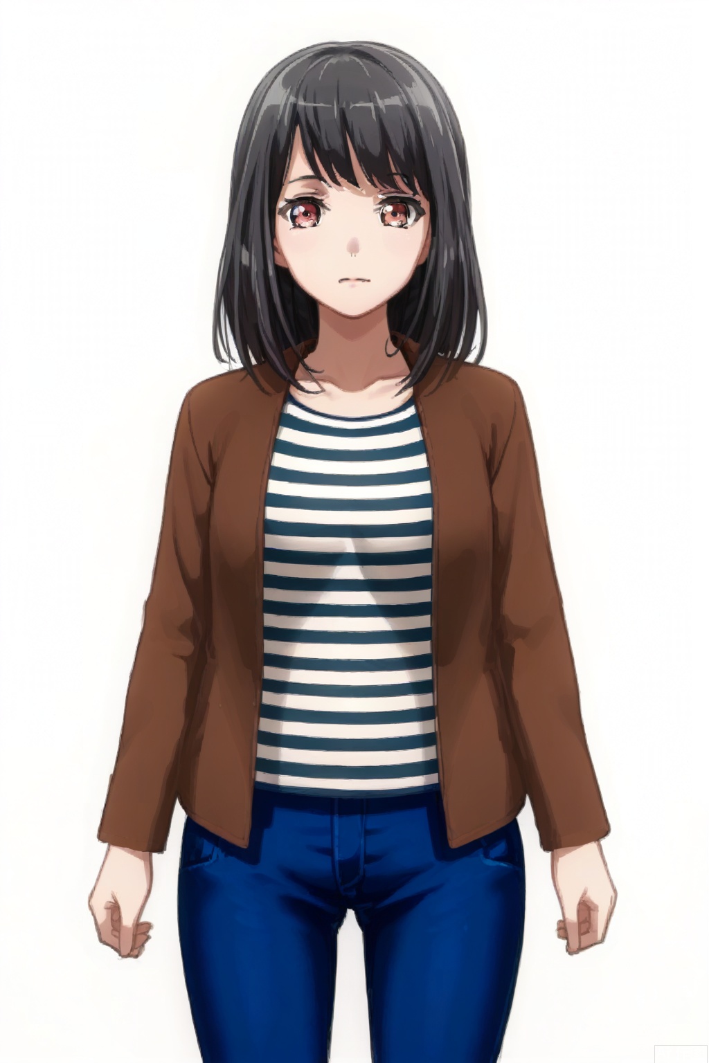 masterpiece, best quality,solo,((white background:1.2)),simple background,
looking at viewer,Tsukishima Marina,1girl, shirt, striped, black hair, jacket, brown eyes, bangs, red eyes, medium hair, striped shirt, jeans