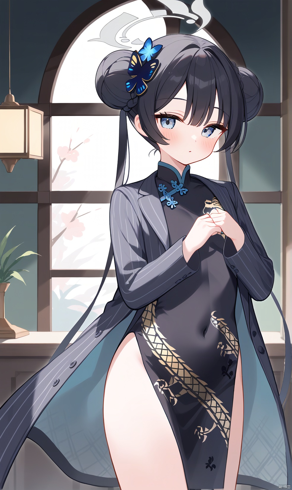  nai3, 1girl,solo,(masterpiece:1.3),( beautiful:1.2),(high quality:1.2),(finely detailed:1.2),extremely detailed CG unity 8k wallpaper,best quality,a very delicate and beautiful,perfect fingers,(one cute girl at the center:1.2), 1girl, solo, long hair, looking at viewer, blush, bangs, blue eyes, black hair, long sleeves, dress, ribbon, hair between eyes, twintails, jacket, hair ribbon, open clothes, hair bun, black dress, double bun, covered navel, halo,  chinese clothes, china dress, pelvic curtain, kisakiBA, indoors