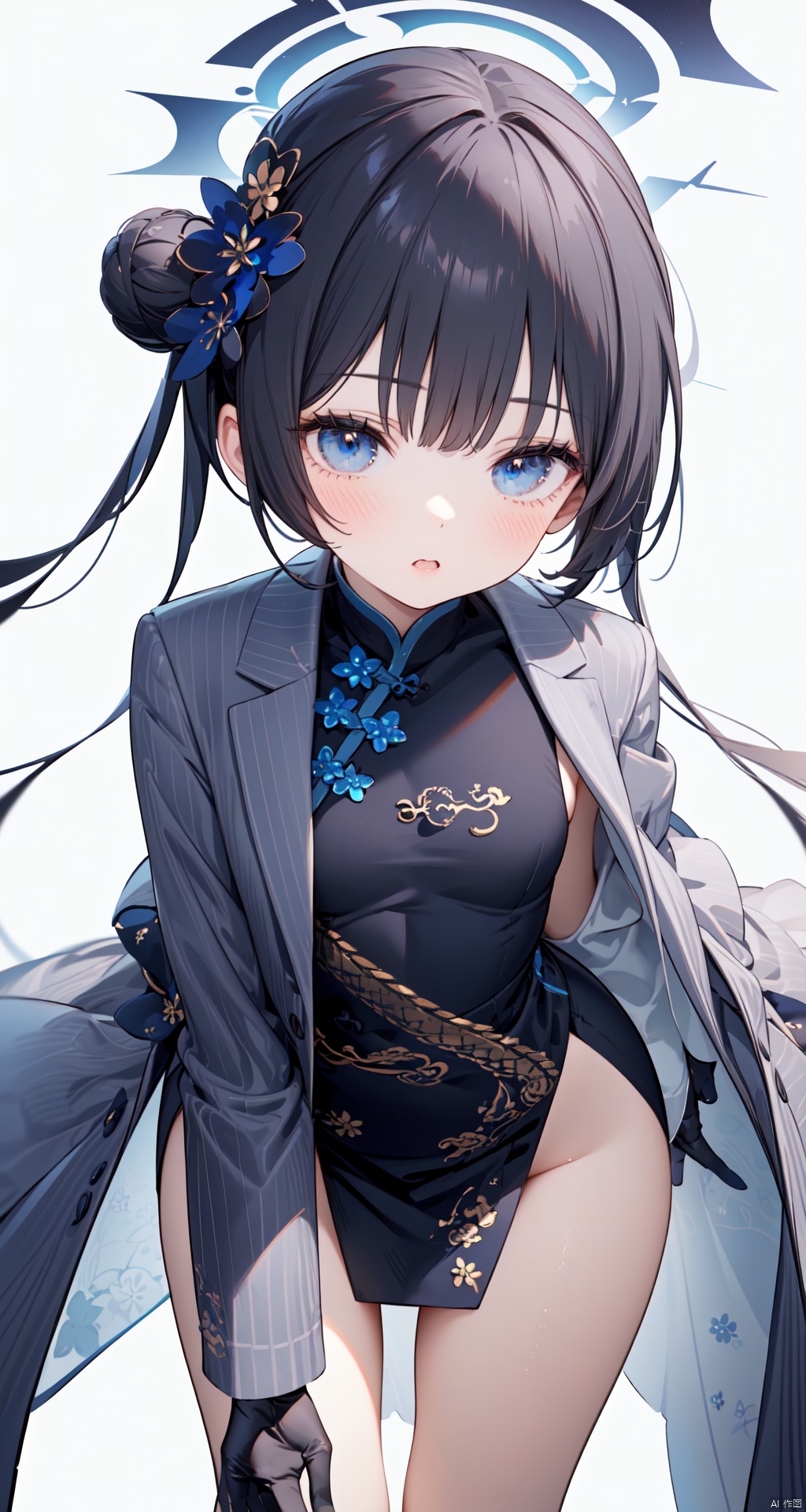  nai3, 11girl,solo,(masterpiece:1.3),( beautiful:1.2),(high quality:1.2),(finely detailed:1.2),extremely detailed CG unity 8k wallpaper,best quality,a very delicate and beautiful,perfect fingers,(one cute girl at the center:1.2),1girl, solo, long hair, breasts, looking at viewer, blush, bangs, blue eyes, simple background, black hair, hair ornament, gloves, white background, dress, coat, twintails, small breasts, black gloves, hair bun,  chinese clothes, china dress, kisaki \(blue archive\), leaning forward, kisakiBA