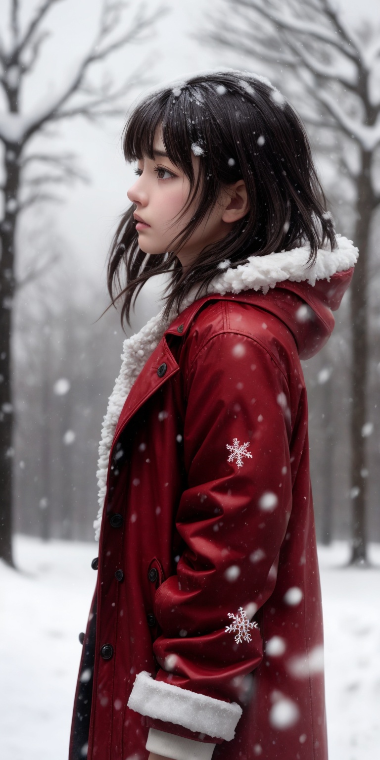A short-haired girl standing in the snow,  Red Coat,  head up on Tensor.Art