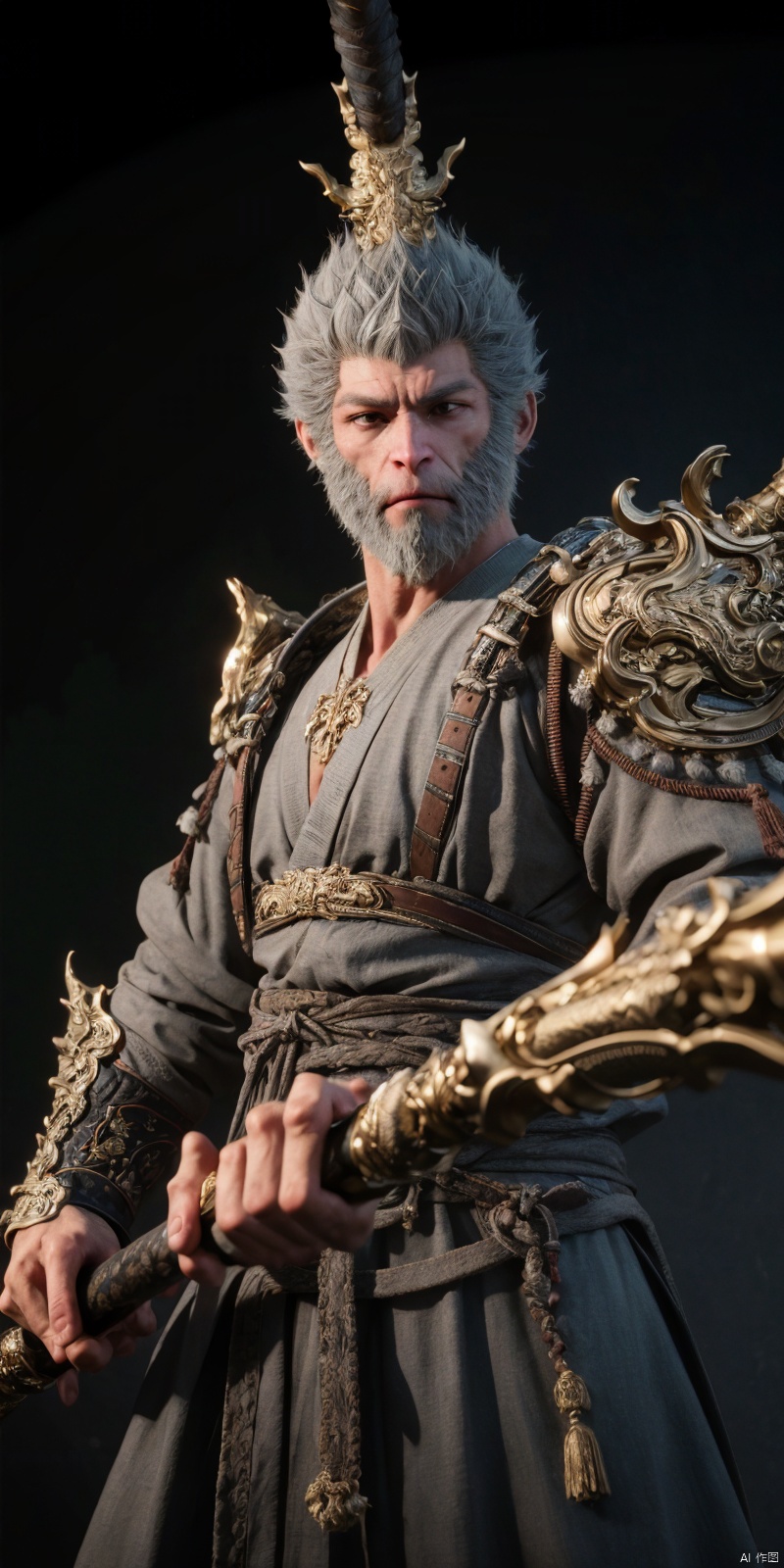 best quality, masterpiece, realistic,DSLR Quality,Depth of field,
heiwukong, 1boy, male focus, armor, solo, facial hair, beard, weapon, holding, holding weapon, grey hair, upper body, looking at viewer