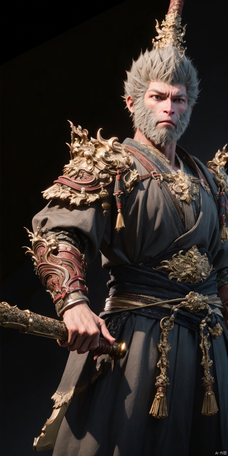 best quality, masterpiece, realistic,DSLR Quality,Depth of field,
heiwukong, beard, 1boy, armor, facial hair, male focus, solo, weapon, sword, shoulder armor, looking to the side