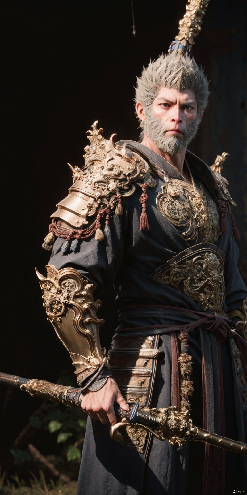 best quality, masterpiece, realistic,DSLR Quality,Depth of field,
heiwukong, beard, 1boy, armor, facial hair, male focus, solo, weapon, sword, shoulder armor, looking to the side
