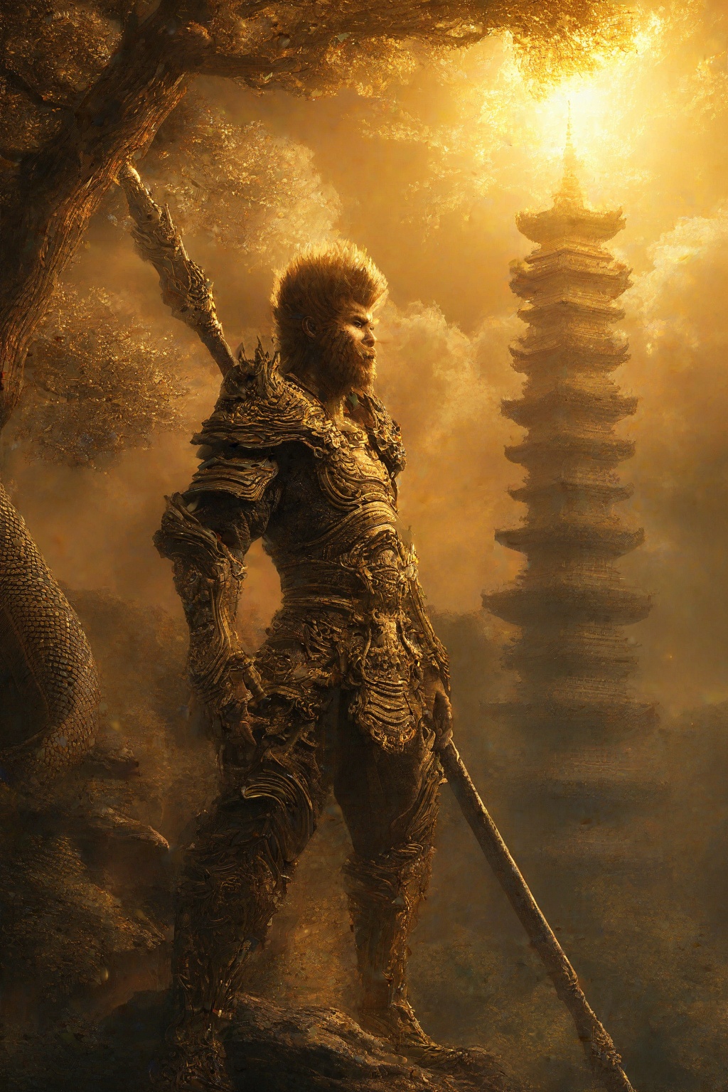 Golden light pours over Wukong's regal form,  illuminating the gleaming armor and flowing beard like a river of sunshine....