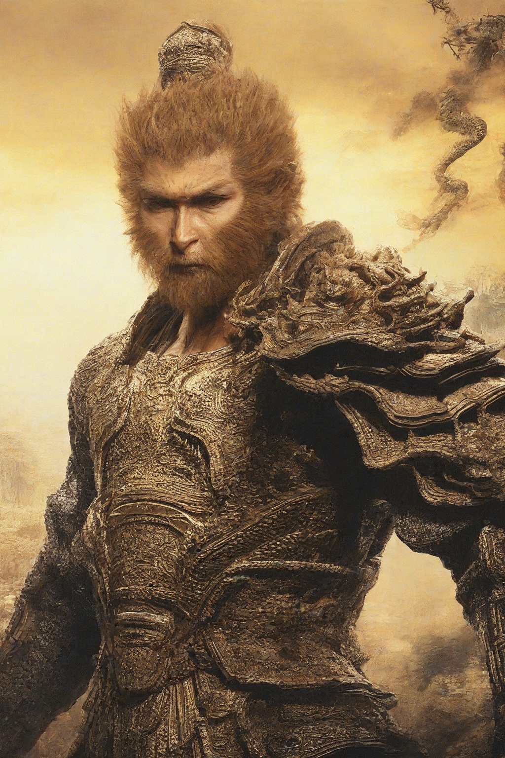 Wukong,  a majestic figure clad in gleaming armor,  his long beard flowing like a golden river down his chest. He stands p...
