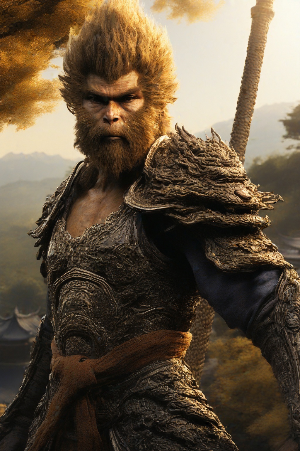 Wukong,  a majestic figure clad in gleaming armor,  his long beard flowing like a golden river down his chest. He stands p...