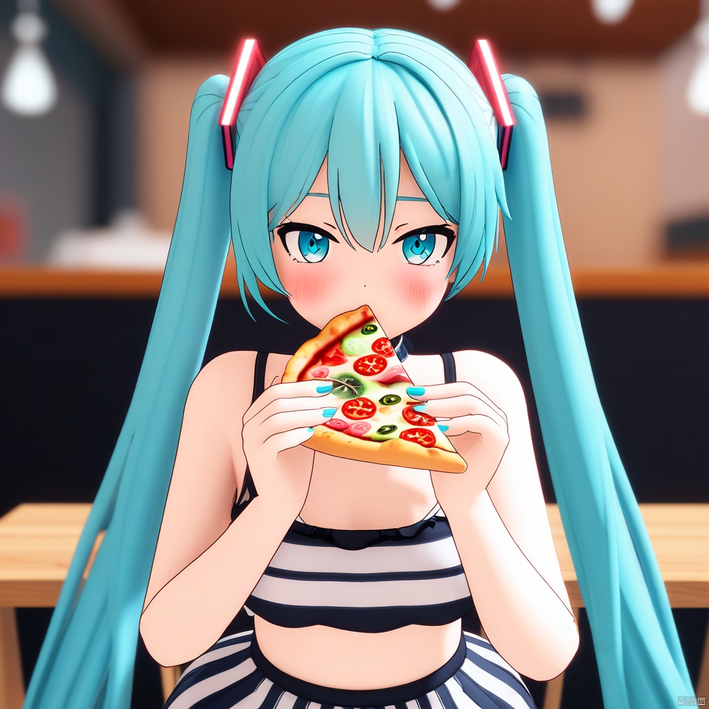 一个女孩,初音未来在吃披萨,水蓝色头发, 蓝色眼睛,cosplay, 食物, 长发, 看着观众, 指甲油, 露肩, 披萨, 裙子, 独奏, 条纹衣服, 双尾, 内衣, 很长的头发, 高分辨率, 背景模糊, 最新, 敏感, 最好的质量,色差, 杰作