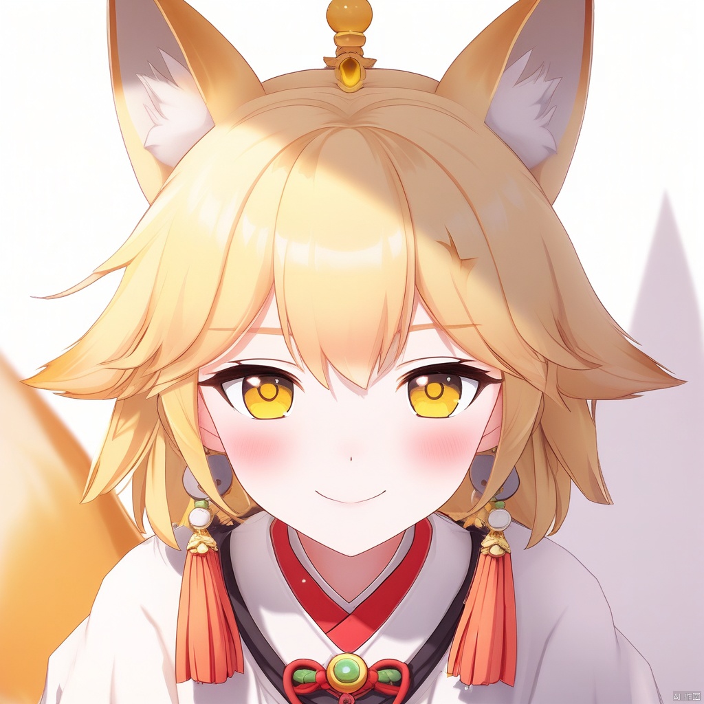 1girl, original, animal ears, blonde hair, closed mouth, fox ears, hair ornament, looking at viewer, pale skin, smile, tassel, upper body, white background, yellow eyesabsurdres, highres, chromatic aberration, blurry background, newest, sensitive,best quality,masterpieces