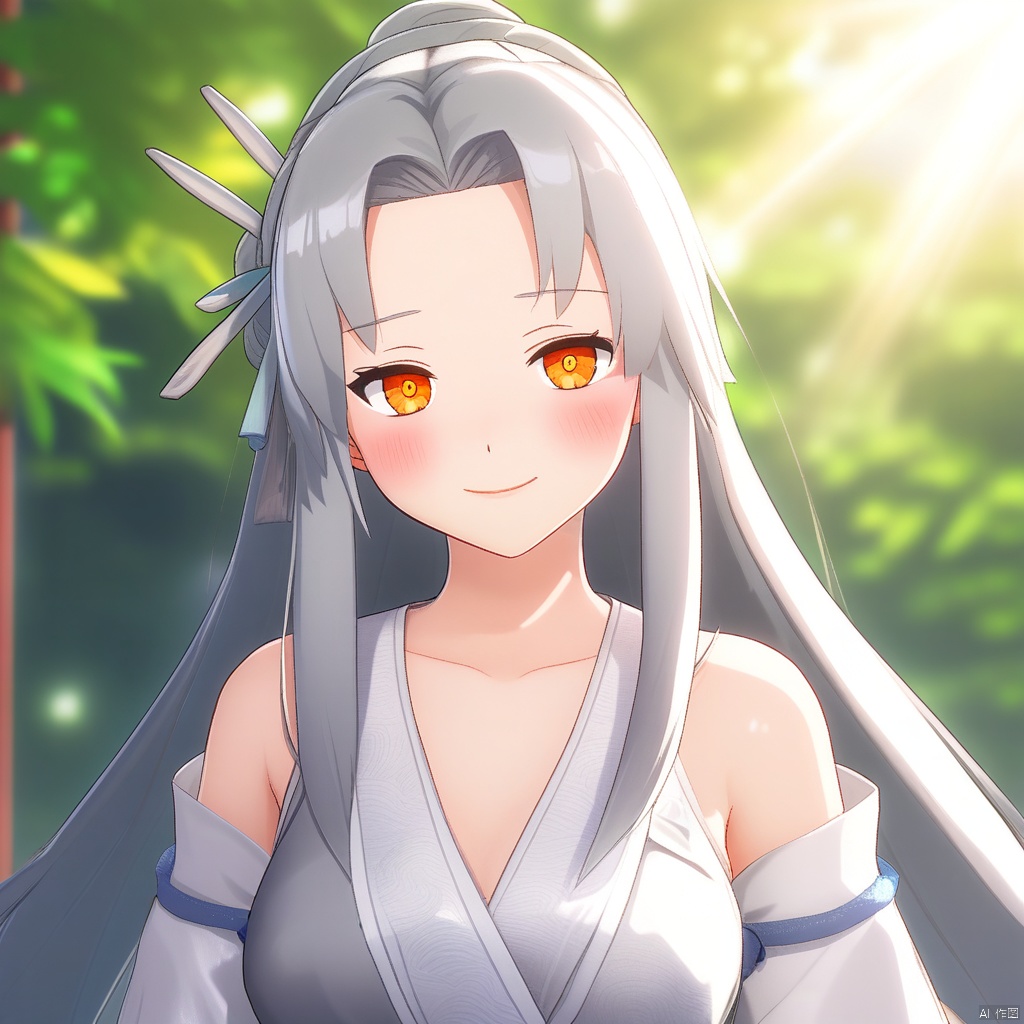 1girl,hyde_(tabakko),moto_murabito,cyancapsule,by aaaa (quad-a)style,dappled sunlight,bare shoulders,dress,facial mark,forehead mark,grey hair,hanfu,long hair,looking at viewer,official alternate costume,orange eyes,smile,solo,upper body,white dress,absurdres,highres,chromatic aberration,blurry background,newest,sensitive,best quality,masterpieces,