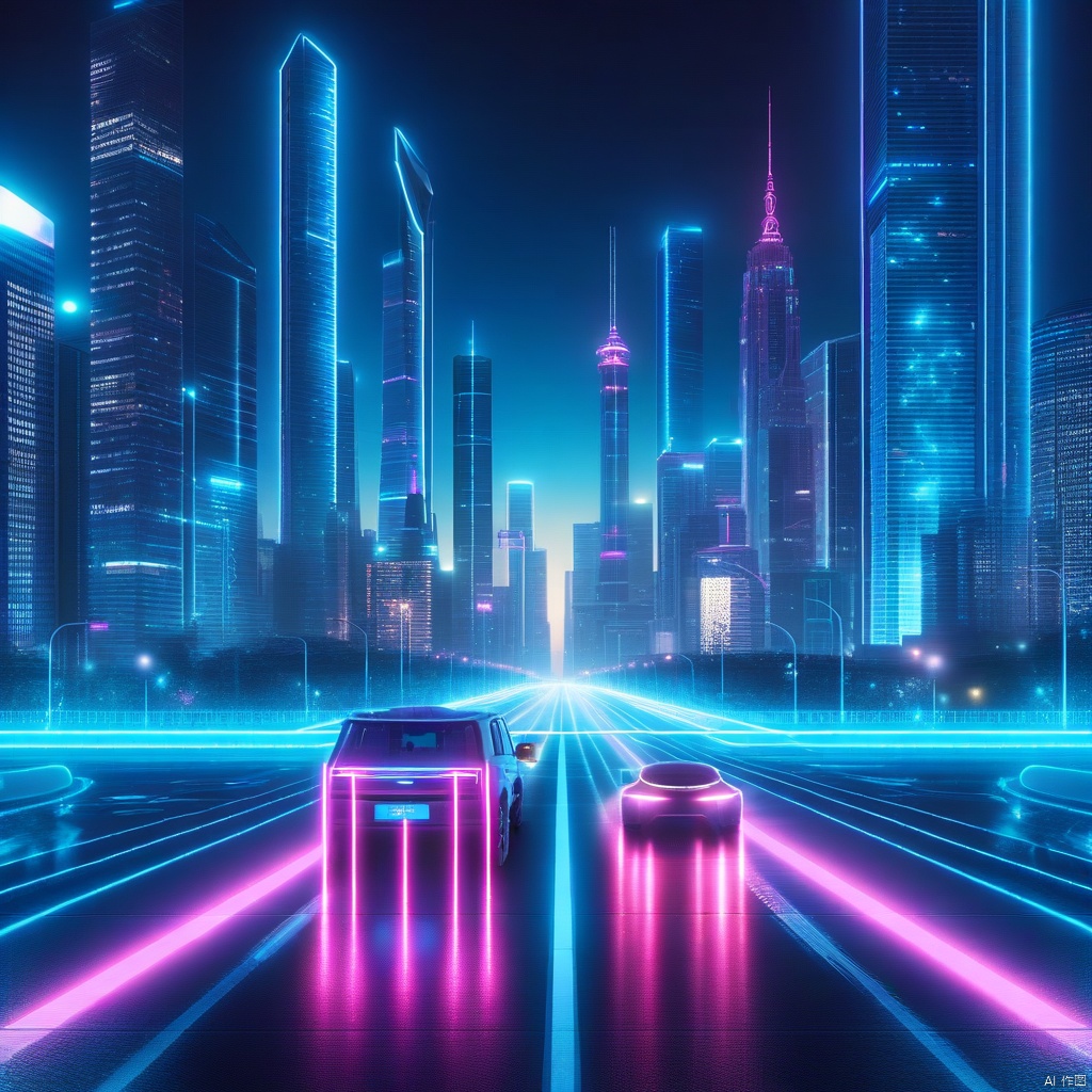 A futuristic cityscape at night, towering skyscrapers with neon lights and holographic displays illuminating the skyline. The composition captures a wide-angle view, emphasizing the depth and grandeur of the urban landscape. The lighting is a blend of artificial glows from the buildings and a subtle moonlight casting a blue hue over the scene. In the foreground, a sleek, autonomous vehicle moves smoothly on a glowing road, adding to the dynamic feel of the city. The overall atmosphere is one of advanced technology and vibrant nightlife.