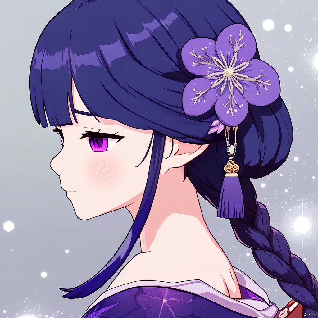 genshin impact, raiden shogun, 1girl,braid, flower, from side, gradient background, grey background, hair flower, hair ornament, hair over shoulder, head back, japanese clothes, kimono, light particles, long hair, looking at viewer, mole, mole under eye, pink lips, profile, purple eyes, purple flower, purple hair, purple kimono, raised eyebrows, shrug \(clothing\), sidelocks, simple background, single braid, single off shoulder, tassel, tassel hair ornament, upper body, absurdres,highres,blurry background,newest,sensitive,best quality,masterpieces,
