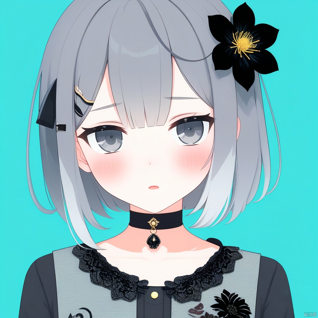 1girl, aqua background, black flower, black hair, black shirt, choker, flower, gradient hair, grey eyes, grey flower, grey hair, hair flower, hair ornament, long sleeves, looking at viewer, multicolored hair, parted lips, shirt, simple background, solo, upper body,absurdres,highres,blurry background,newest,sensitive,best quality,masterpieces,