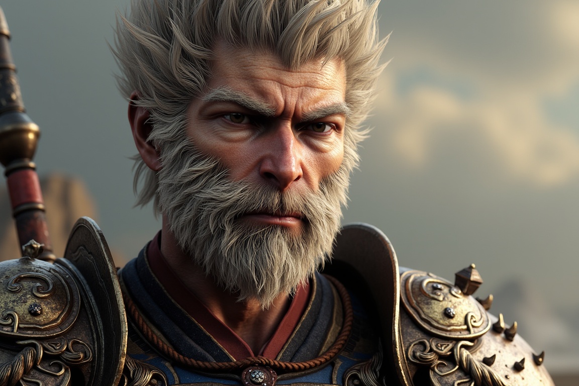 Wukong,  a man in armor with a beard and a beard,  Sun Wukong holds his staff firmly in his hands on Tensor.Art