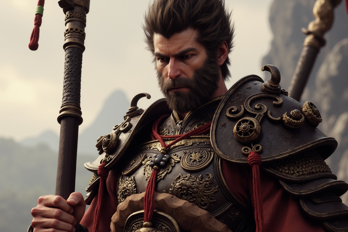 Wukong,  a man in armor with a beard and a beard,  Sun Wukong holds his staff firmly in his hands on Tensor.Art