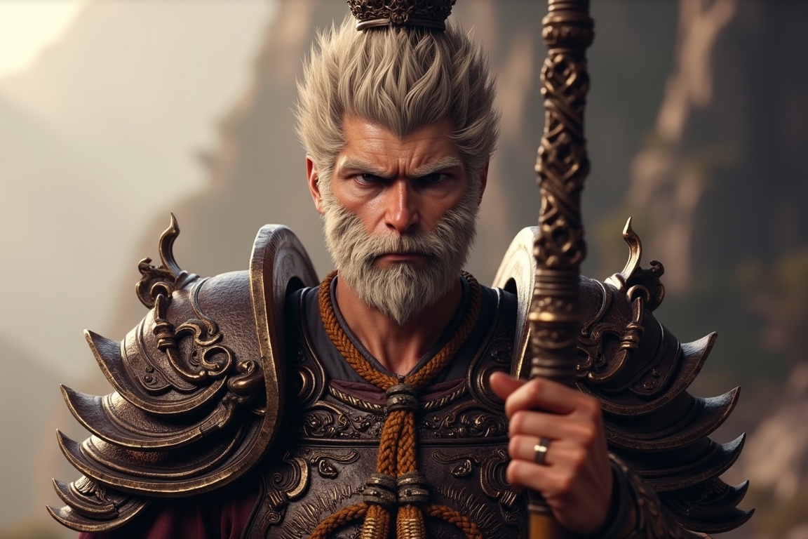 Wukong,  a man in armor with a beard and a beard,  Sun Wukong holds his staff firmly in his hands on Tensor.Art