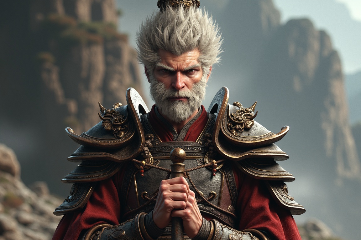 Wukong,  a man in armor with a beard and a beard,  Sun Wukong holds his staff firmly in his hands on Tensor.Art