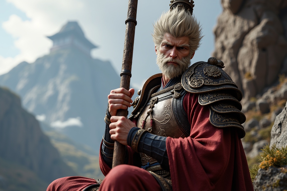 Wukong,  a man in armor with a beard and a beard,  Sun Wukong holds his staff firmly in his hands on Tensor.Art
