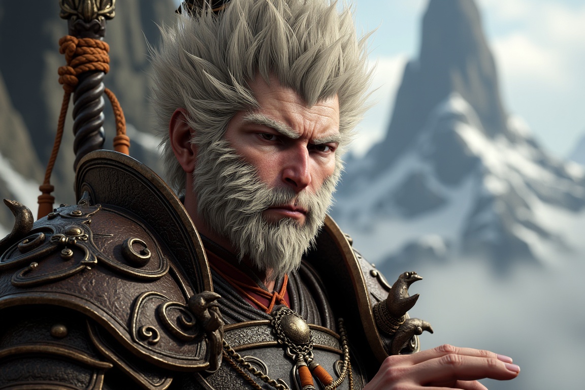 Wukong,  a man in armor with a beard and a beard,  Sun Wukong holds his staff firmly in his hands on Tensor.Art