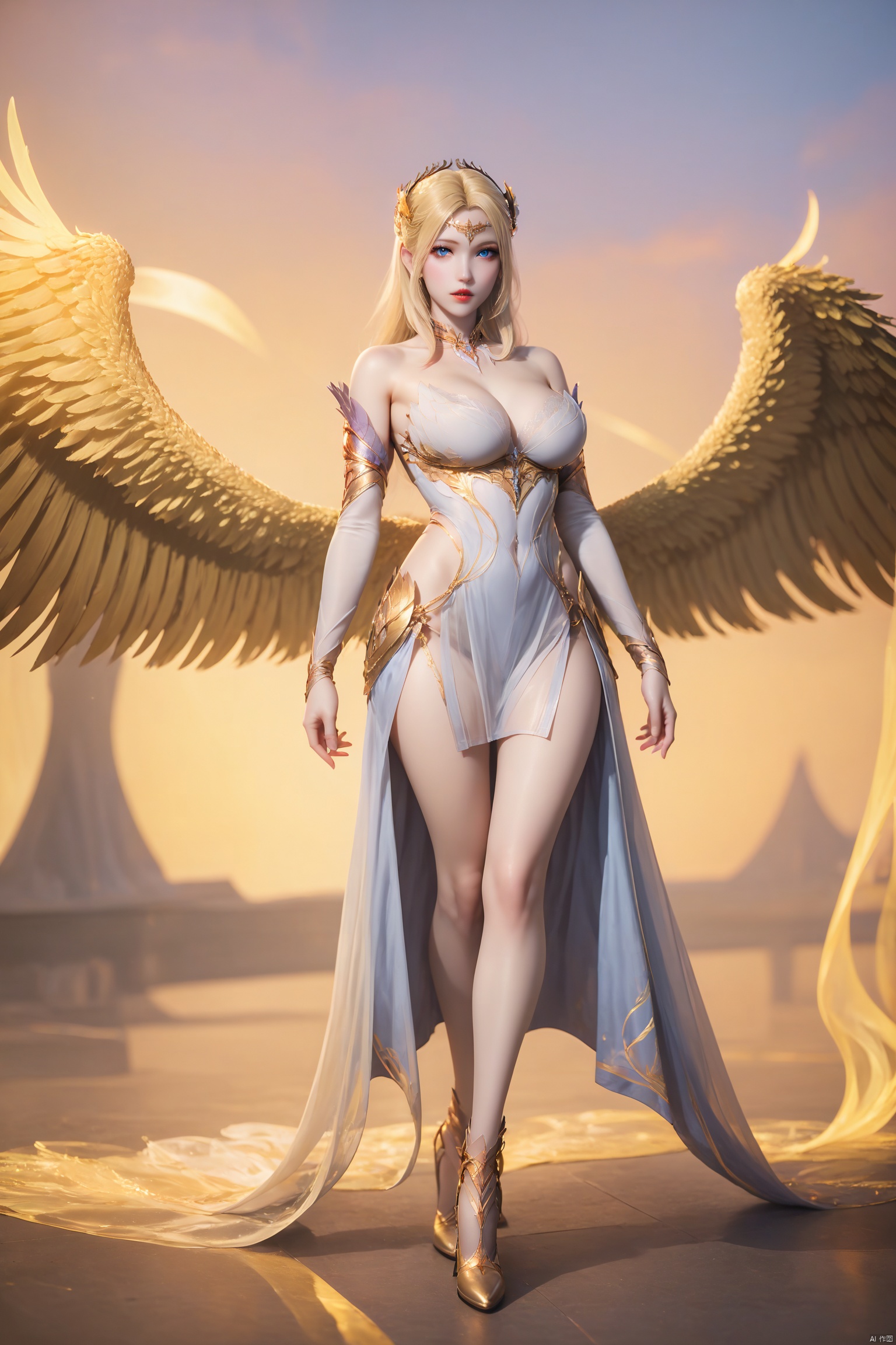 score_9,score_8_up,score_7_up,score_6_up,highly detailed digital,1girl,solo,She has pale, almost translucent skin,long hair, looking at viewer, blue eyes, blonde hair, hair ornament, dress, bare shoulders, medium breasts, standing, full body, parted lips, detached sleeves, wings, white dress, high heels,qianrenxue