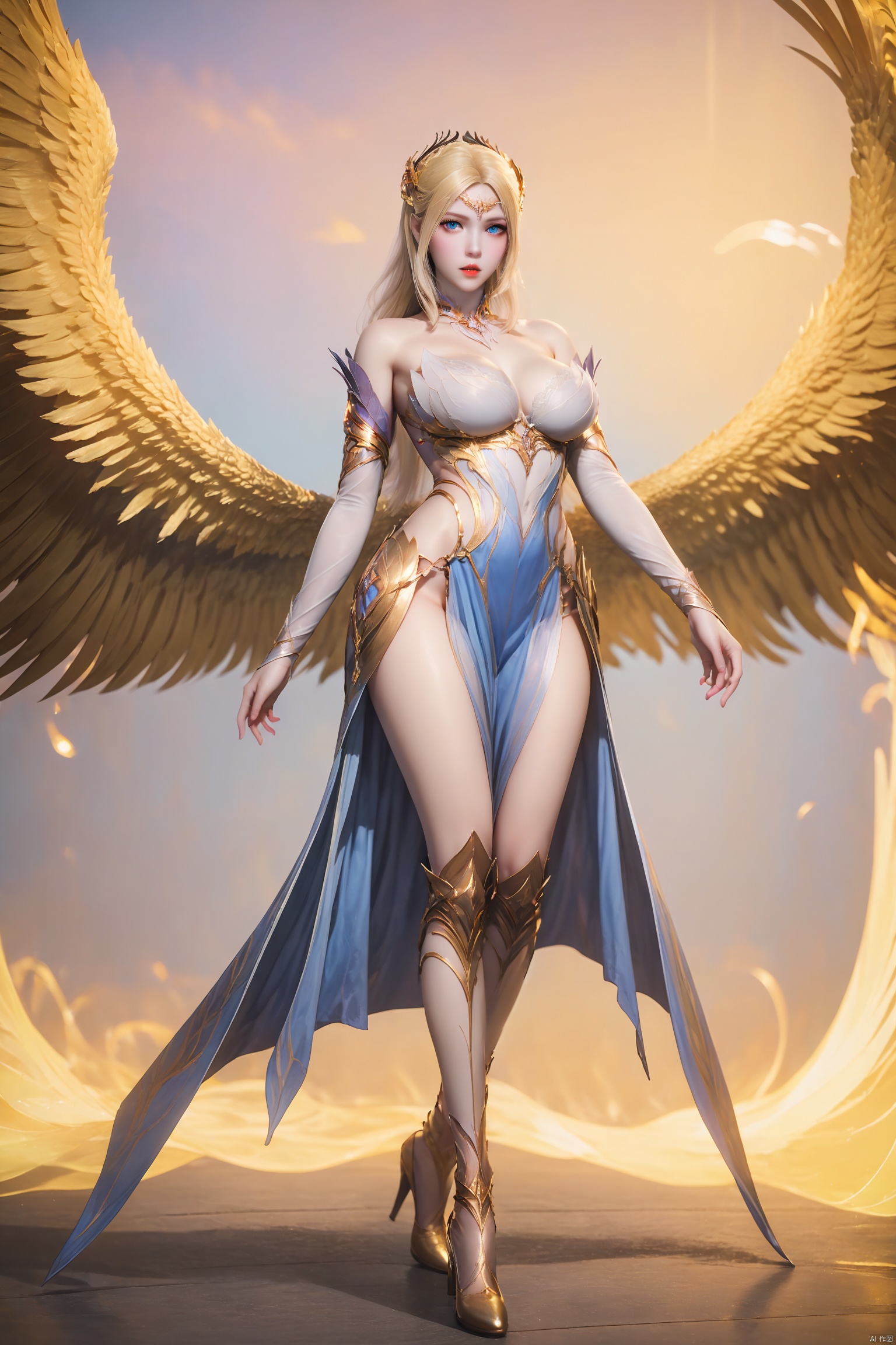 score_9,score_8_up,score_7_up,score_6_up,highly detailed digital,1girl,solo,She has pale, almost translucent skin,long hair, looking at viewer, blue eyes, blonde hair, hair ornament, dress, bare shoulders, medium breasts, standing, parted lips, detached sleeves, wings, white dress, high heels,qianrenxue